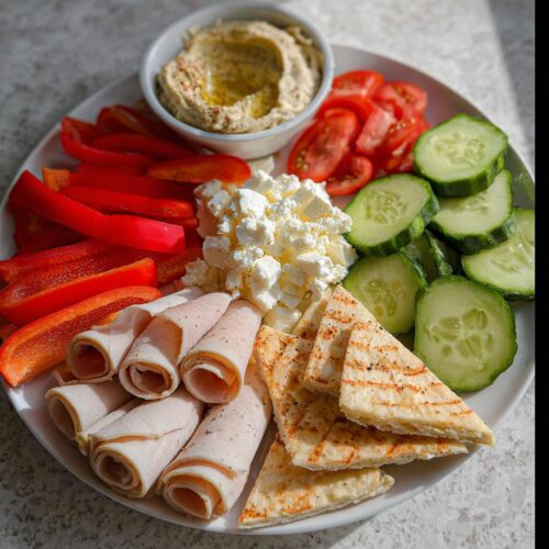 A vibrant platter featuring components for a Healthy Snack Plate: hummus, feta cheese, rolled turkey, pita bread, and fresh vegetables.