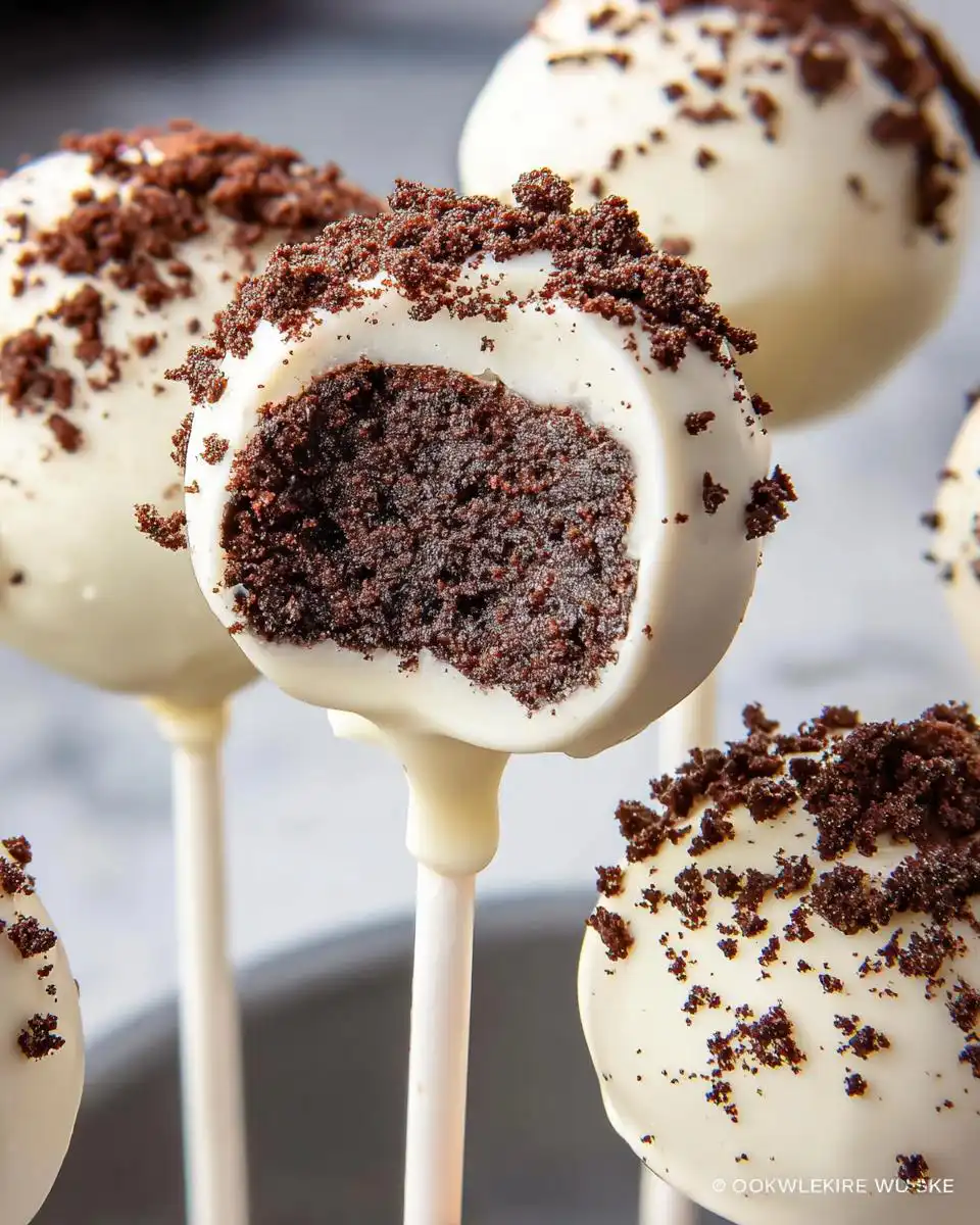 Close-up of a Cookies & Cream Cake Pop dipped in white chocolate, showing the dark chocolate cake interior and cookie crumb topping.