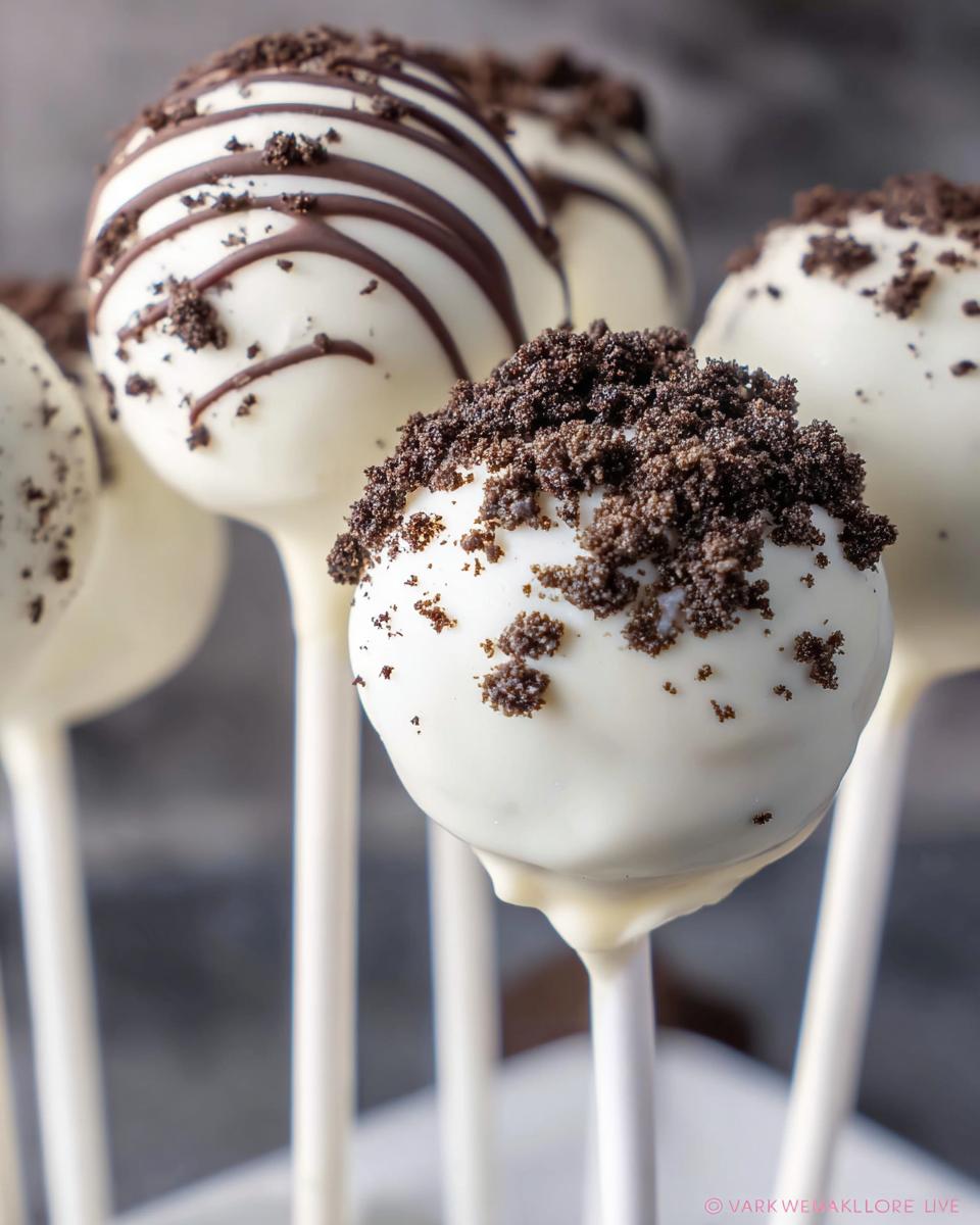 Close-up of several white chocolate coated Cookies & Cream Cake Pops topped with dark cookie crumbs.