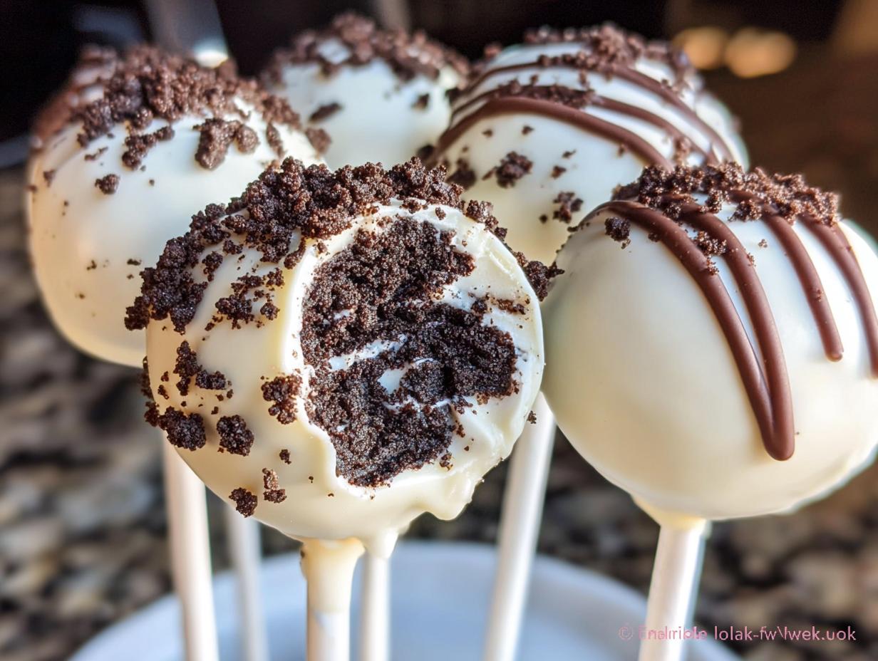 A close-up of several white chocolate coated Cookies & Cream Cake Pops, one showing the dark chocolate cake interior.