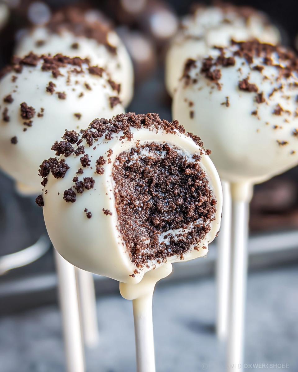 A close-up of a Cookies & Cream Cake Pop, bitten to show the dark chocolate interior, coated in white chocolate and topped with cookie crumbs.