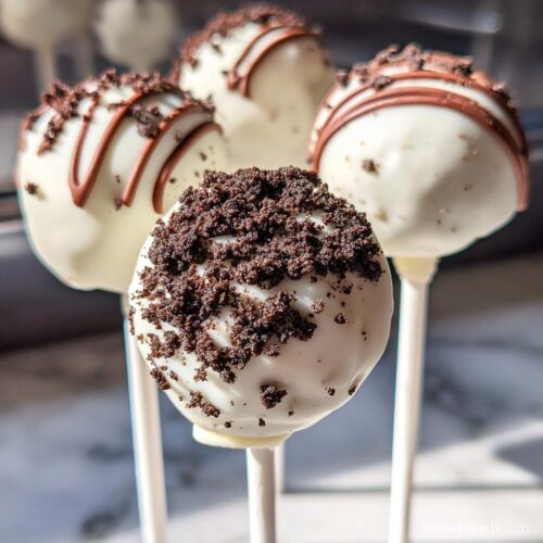 Close-up of white chocolate coated Cookies & Cream Cake Pops topped with dark cookie crumbs.