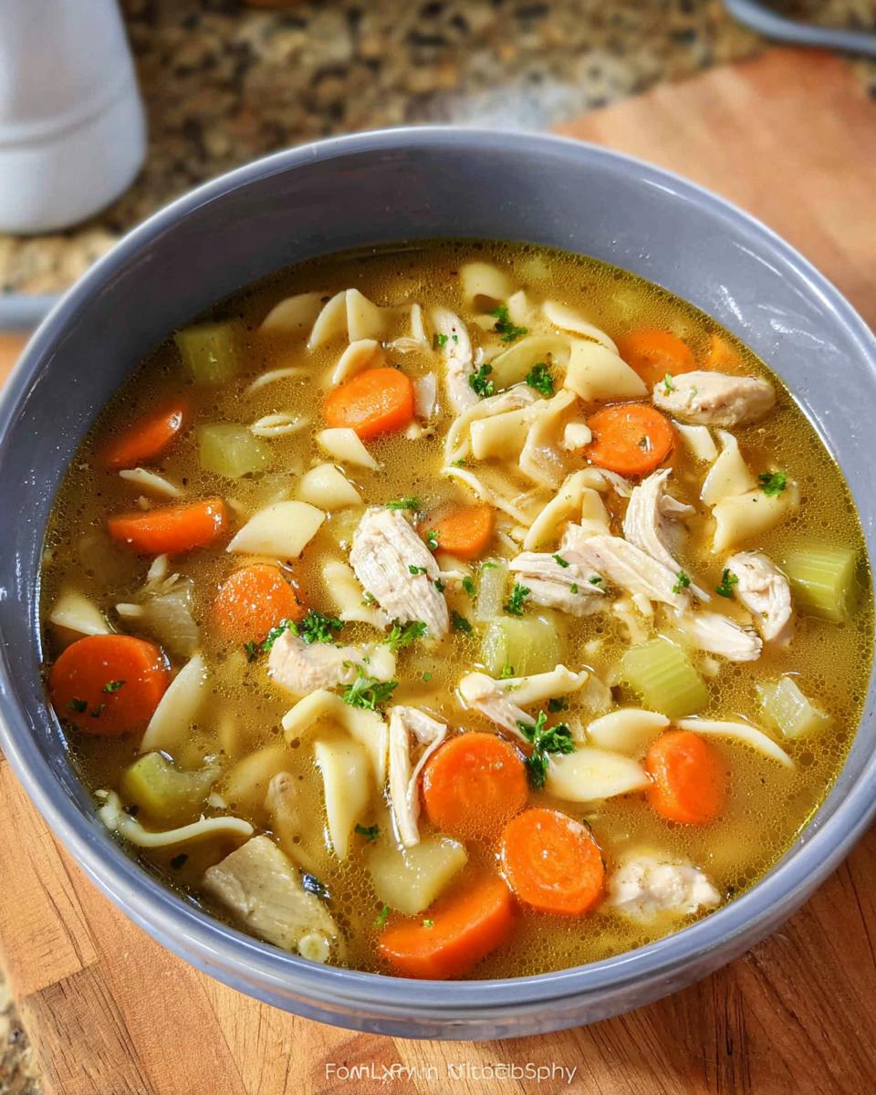 Close-up of a bowl of Cozy Turkey & Chicken Soup with egg noodles, shredded meat, carrots, and celery.