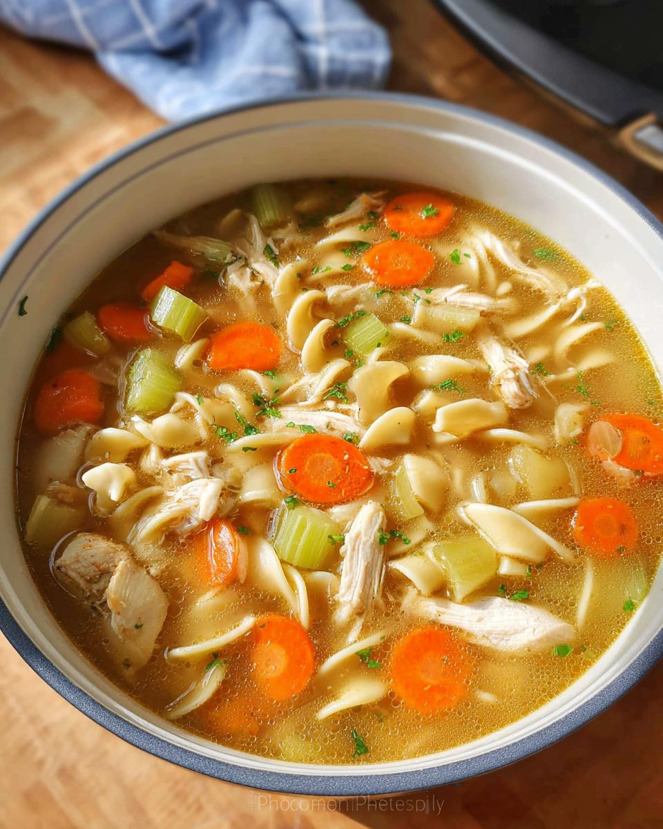 Close-up of a bowl filled with Cozy Turkey & Chicken Soup featuring shredded meat, egg noodles, carrots, and celery.