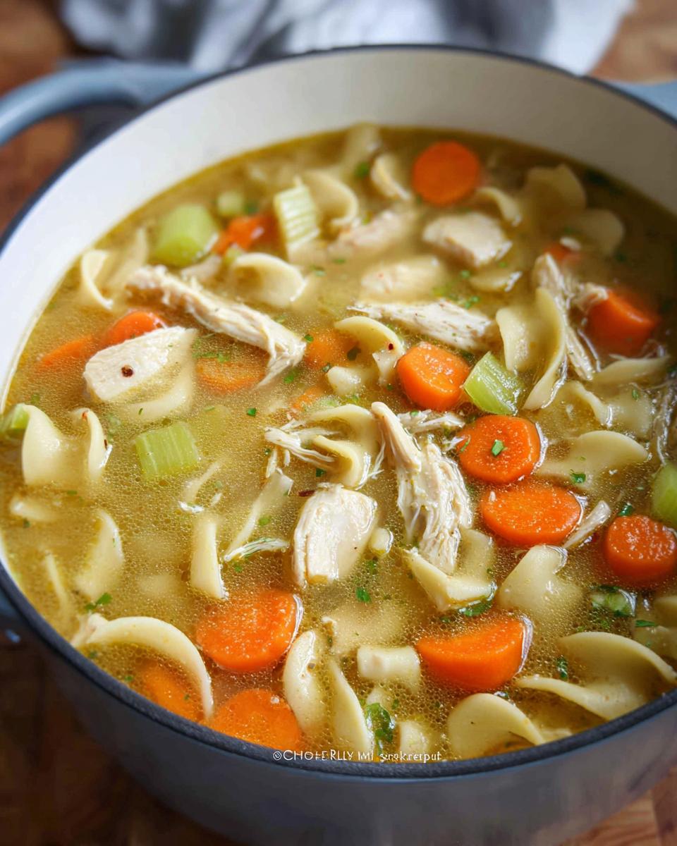 A close-up view of steaming Cozy Turkey & Chicken Soup filled with shredded meat, egg noodles, sliced carrots, and celery in a Dutch oven.
