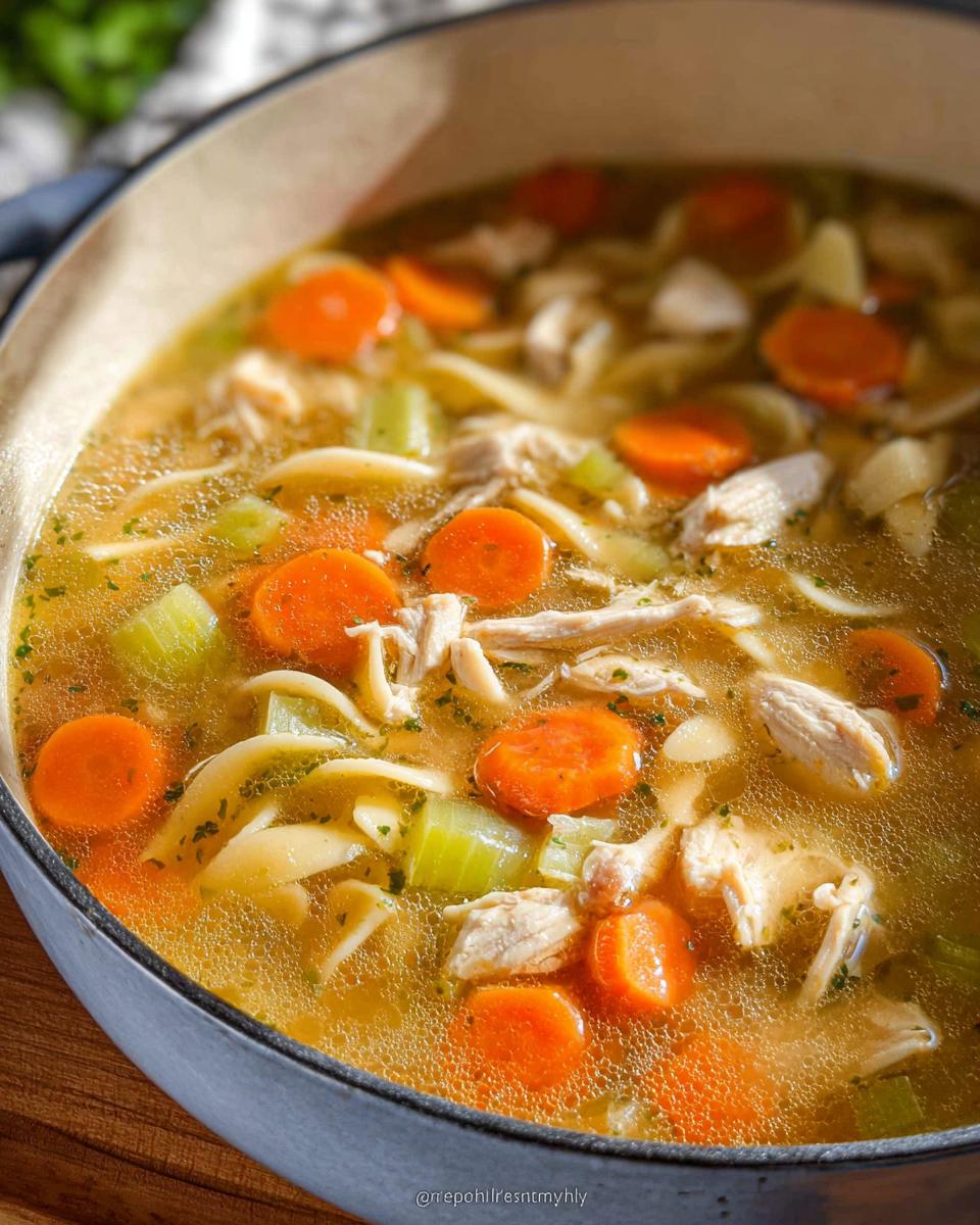 Close-up view of rich broth filled with shredded chicken, sliced carrots, celery, and egg noodles in a Cozy Turkey & Chicken Soup.