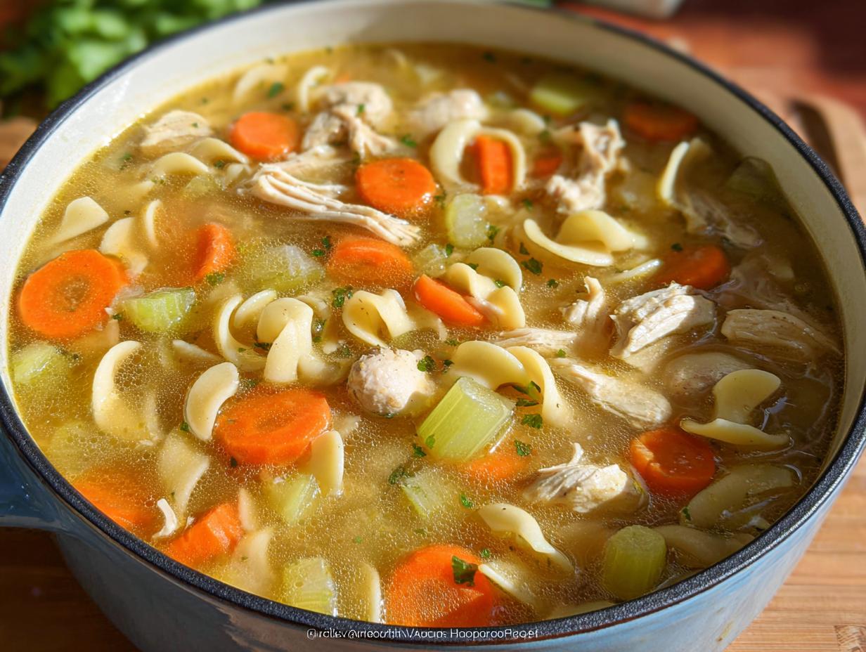 Close-up of steaming Cozy Turkey & Chicken Soup filled with egg noodles, sliced carrots, celery, and shredded poultry in a blue enameled pot.