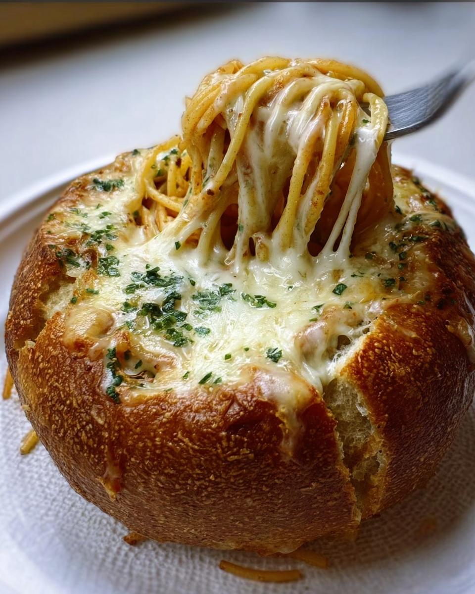 A fork pulling up cheesy, saucy spaghetti from a baked bread bowl, highlighting the Creamy Alfredo Spaghetti Bread Bowl.