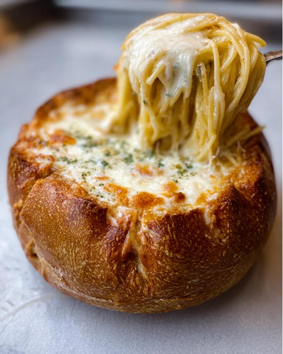 A fork lifts creamy Alfredo spaghetti from a baked bread bowl topped with melted cheese.
