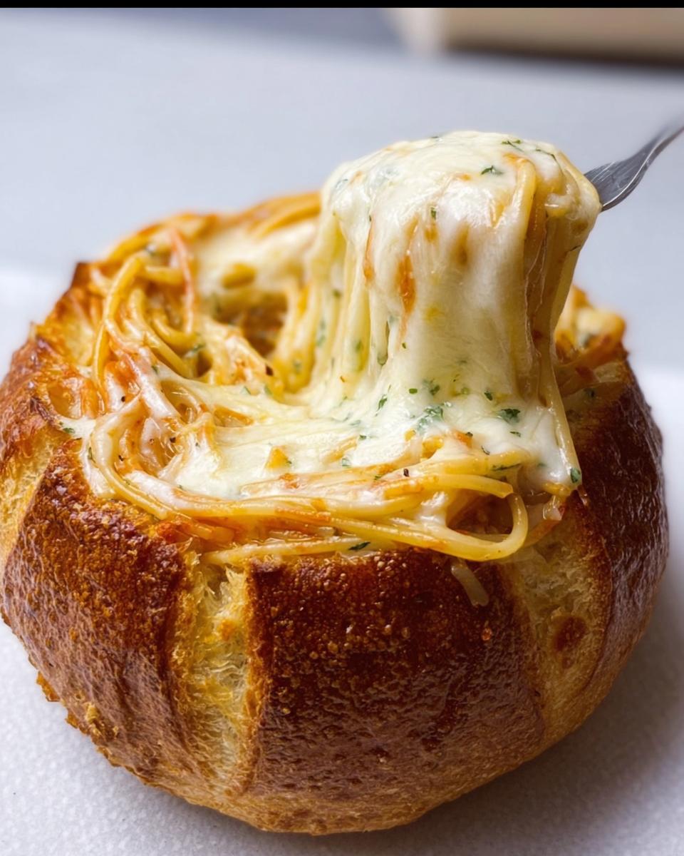 A fork lifts spaghetti covered in melted, creamy Alfredo sauce from a baked Creamy Alfredo Spaghetti Bread Bowl.