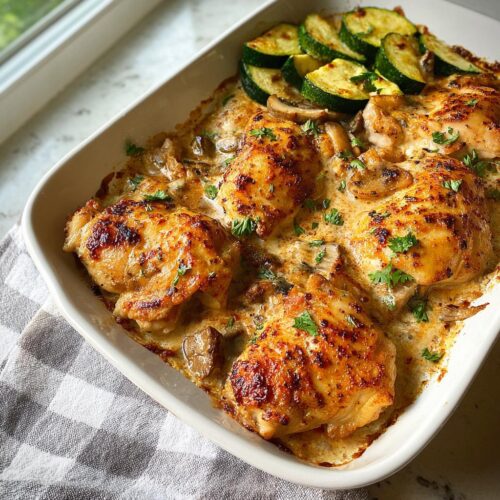 Four browned chicken thighs baked in a creamy mushroom sauce, served with sliced zucchini for a Keto Chicken Family Dinner.