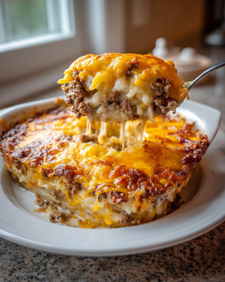 A spoonful of Creamy Beef Hobo Dish lifted from a baking dish, showing layers of beef, potatoes, and melted cheese pull.
