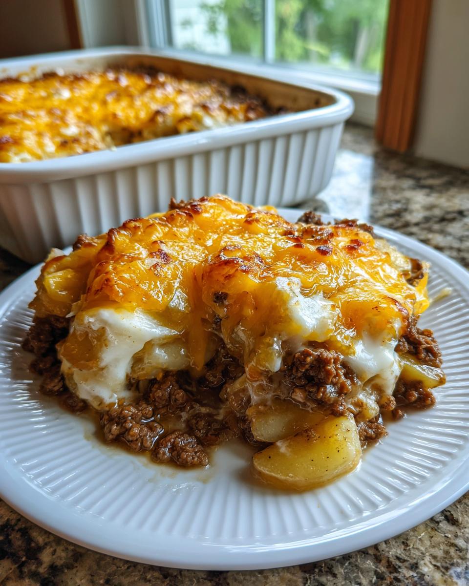A generous serving of Creamy Beef Hobo Dish featuring layers of ground beef, potatoes, and a creamy topping covered in melted, bubbly cheddar cheese.