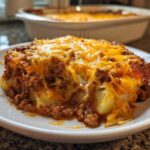 A hearty serving of Creamy Beef Hobo Dish featuring layers of ground beef and potatoes topped with melted cheddar cheese.