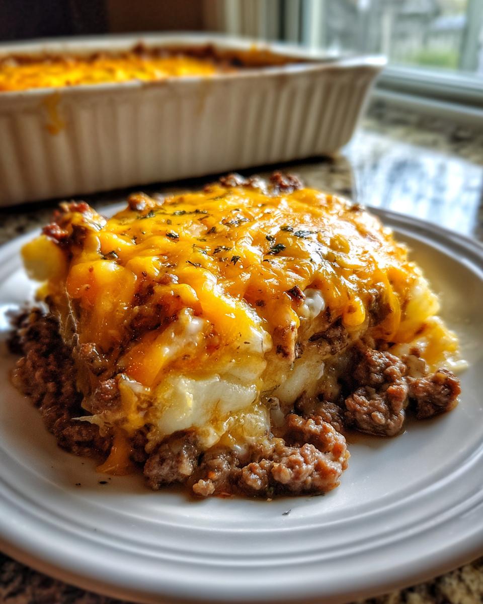 A generous serving of Creamy Beef Hobo Dish topped with melted cheddar cheese and herbs on a white plate.