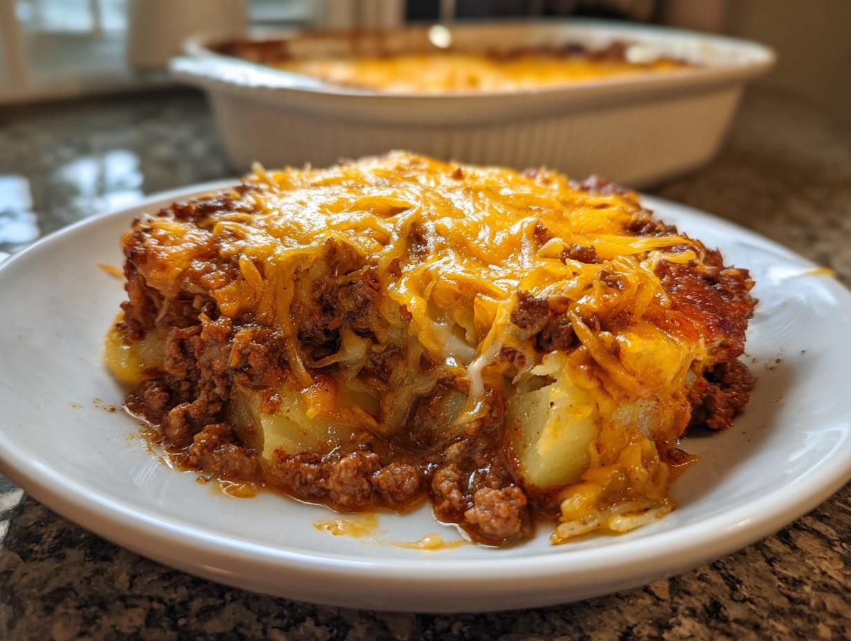 A hearty serving of Creamy Beef Hobo Dish featuring layers of ground beef and potatoes topped with melted cheddar cheese.