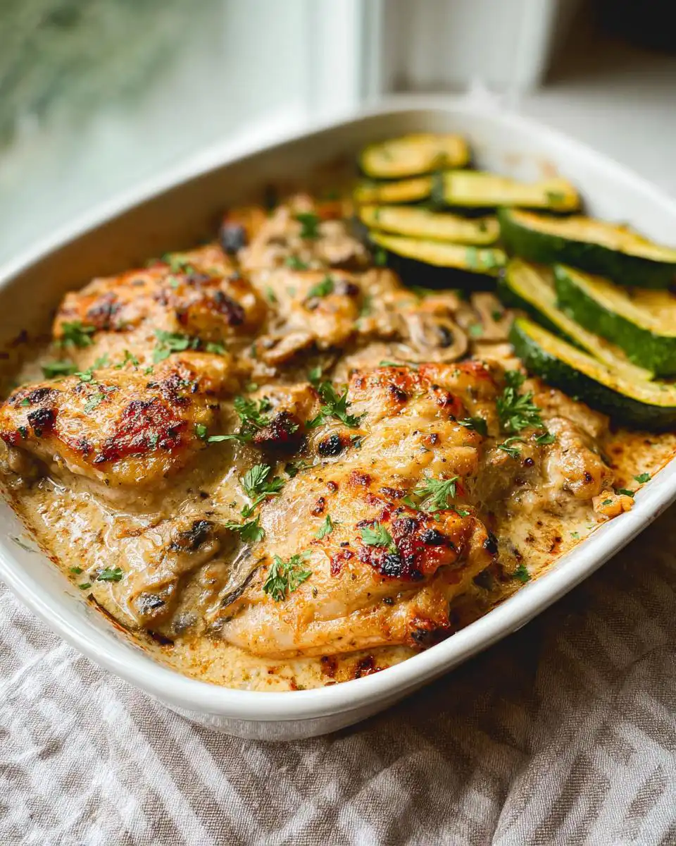 Baked chicken thighs in a creamy mushroom sauce, served with sliced zucchini, perfect for a Keto Chicken Family Dinner.