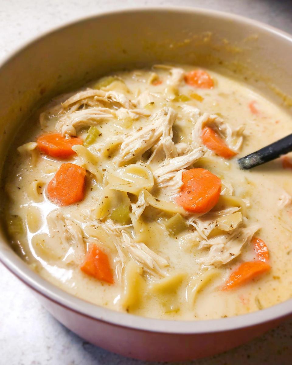 Close-up of a bowl of rich, creamy chicken noodle soup with shredded chicken and bright orange carrots.