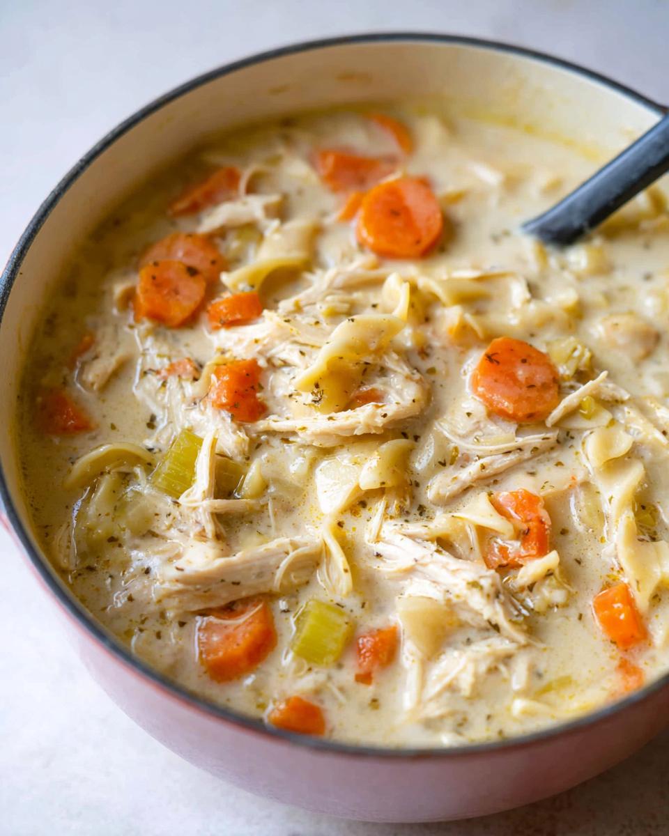 Close-up of rich, Creamy Chicken Noodle Soup for Dinner showing shredded chicken, egg noodles, carrots, and celery.
