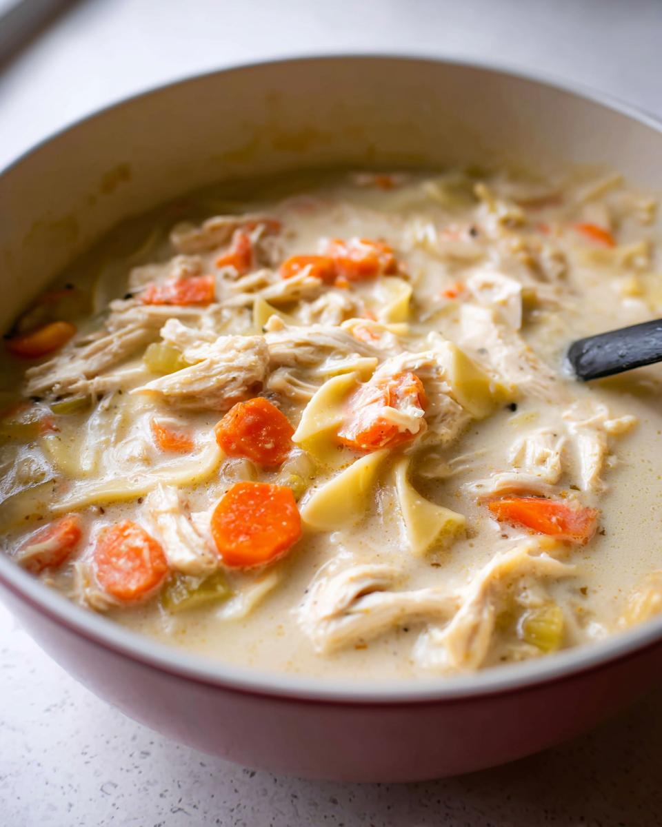 Close-up of rich Creamy Chicken Noodle Soup for Dinner, showing shredded chicken, egg noodles, and carrots.