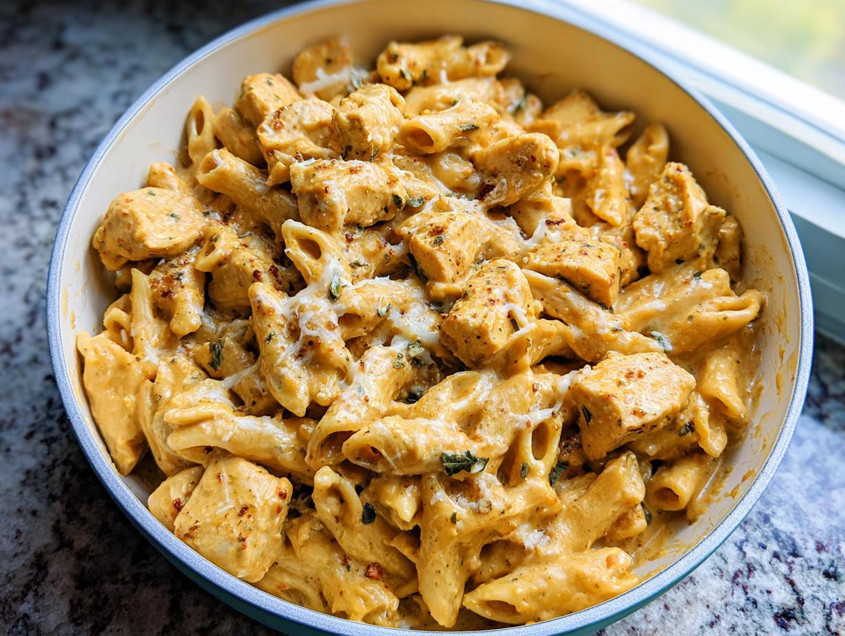Close-up of creamy chicken pasta meal prep featuring penne pasta, seasoned chicken chunks, and melted cheese in a light blue serving dish.