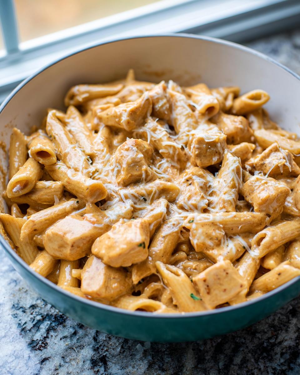 Close-up of penne pasta and diced chicken coated in a rich, creamy sauce, perfect for Creamy Chicken Pasta Meal Prep.