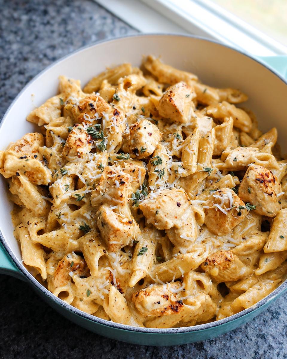 Close-up of creamy chicken pasta meal prep featuring penne pasta, seasoned chicken chunks, and grated cheese.