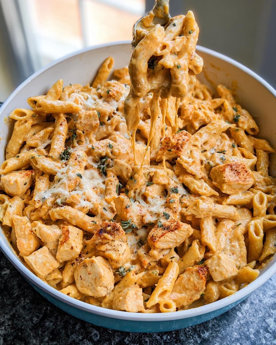 A spoonful lifts creamy chicken pasta meal prep, showing the rich sauce coating the penne and chunks of seasoned chicken.