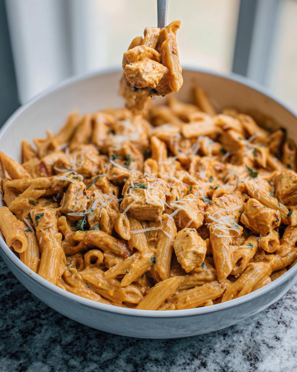 A fork lifting a bite of creamy chicken pasta meal prep from a large bowl, topped with parmesan.
