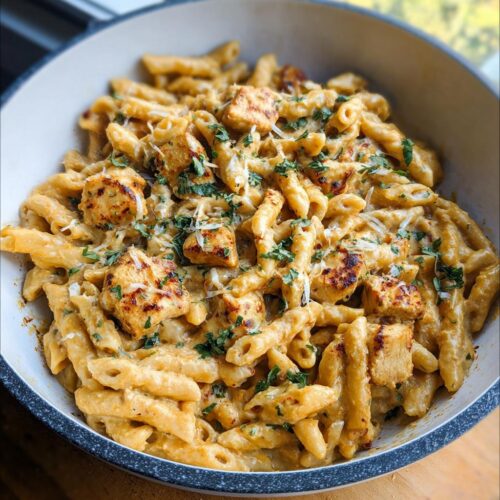 Close-up of a skillet filled with creamy chicken pasta, topped with grilled chicken pieces and fresh parsley.