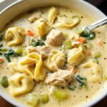 A close-up view of a hearty bowl of Creamy Chicken Tortellini Soup, showing tortellini, shredded chicken, celery, and spinach in a rich broth.