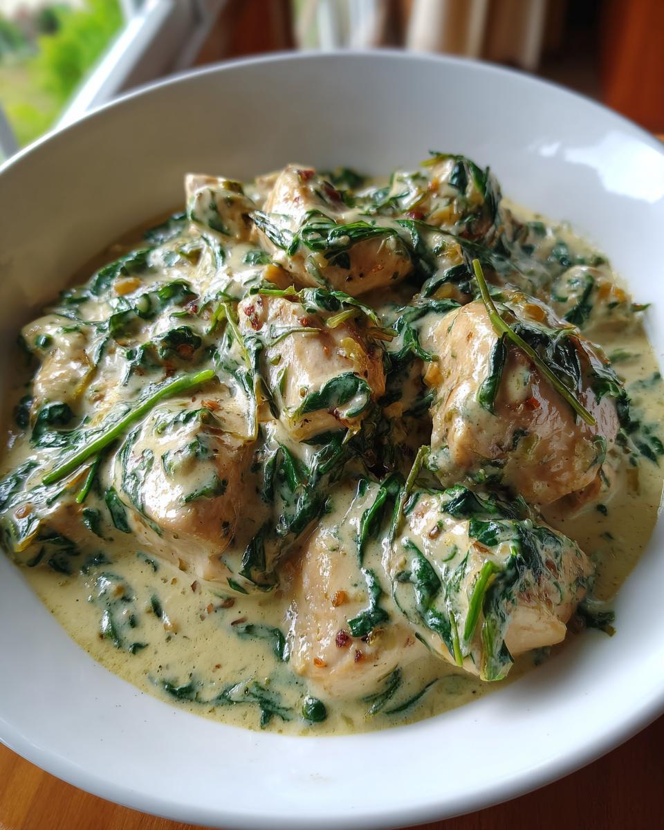Close-up of tender chicken pieces smothered in a rich, creamy sauce loaded with wilted spinach, representing Creamy Chicken with Spinach.
