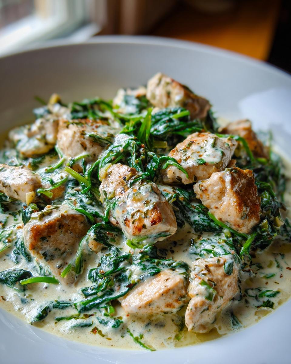 Close-up of seared chicken pieces coated in a rich, creamy sauce mixed with wilted spinach, showcasing the Creamy Chicken with Spinach.