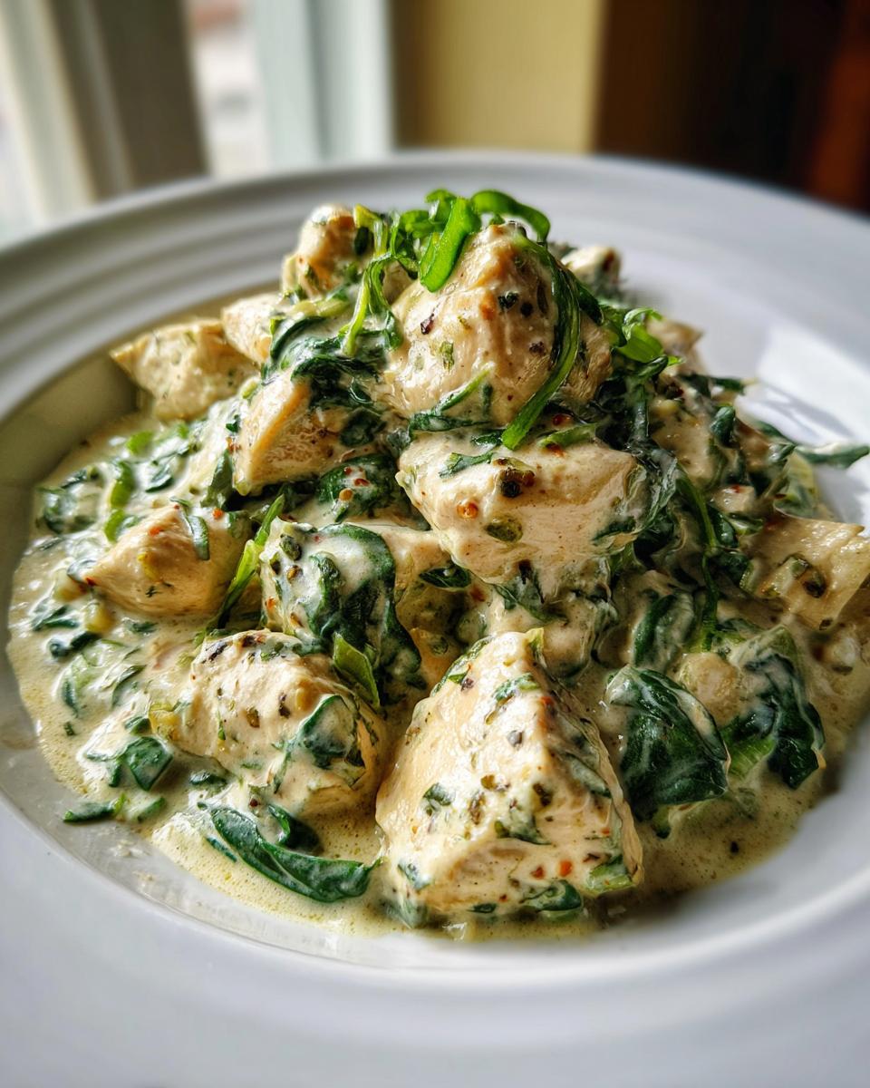 Close-up of tender chicken pieces coated in a rich, creamy sauce mixed with wilted spinach, serving as the main dish for Creamy Chicken with Spinach.
