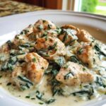 Close-up of tender chicken pieces coated in a rich, creamy sauce with wilted spinach, making up the Creamy Chicken with Spinach.