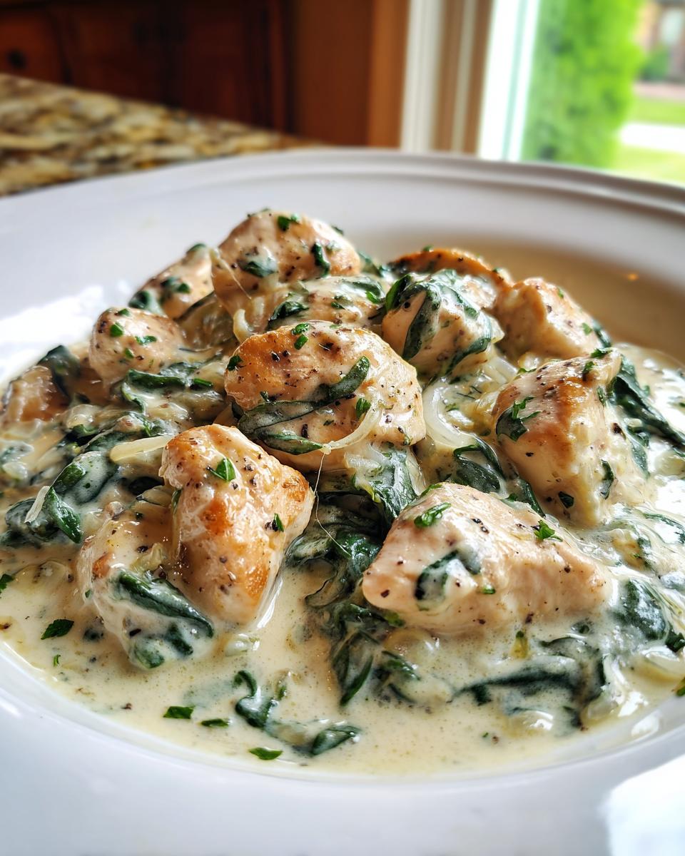 Close-up of tender chicken pieces coated in a rich, creamy sauce with wilted spinach, making up the Creamy Chicken with Spinach.