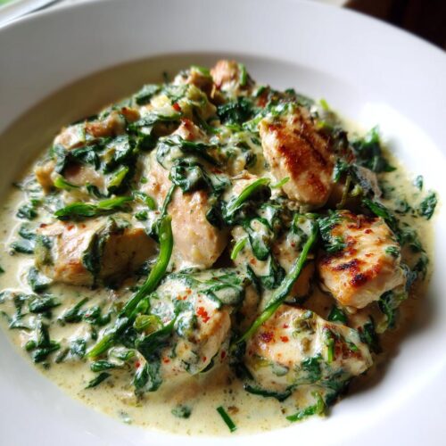 Close-up of pan-seared chicken pieces smothered in a rich, creamy sauce with wilted spinach, part of the Creamy Chicken with Spinach recipe.