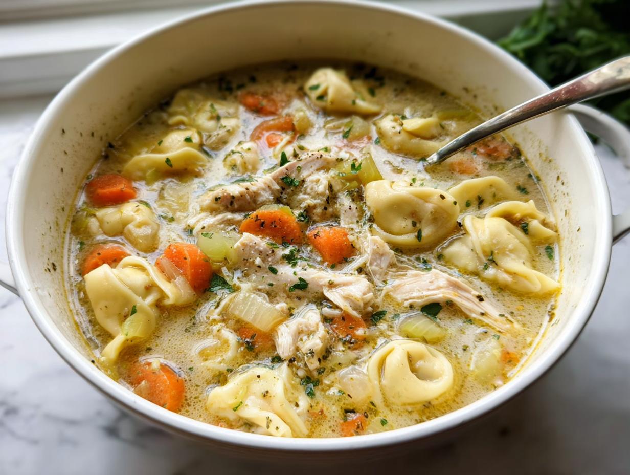 A close-up view of a bowl filled with creamy Herb Chicken Tortellini Soup, featuring tortellini, shredded chicken, carrots, and celery.