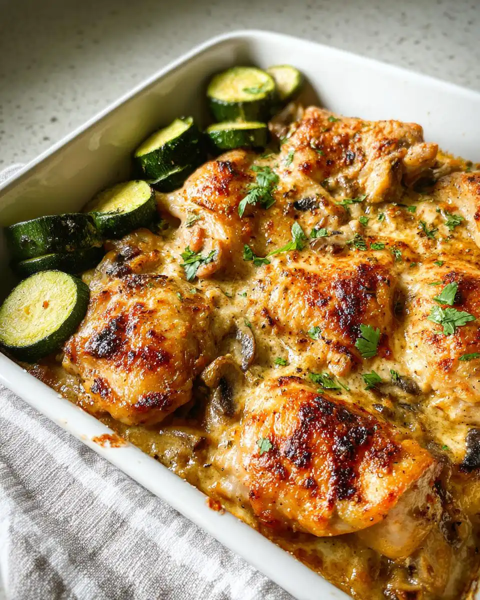 Baked chicken thighs in a creamy mushroom sauce, served with roasted zucchini slices, perfect for a Keto Chicken Family Dinner.