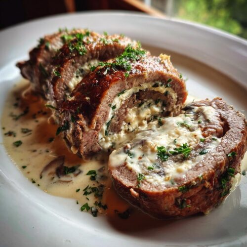 Slices of savory Low Carb Beef Roll Ups stuffed with cheese and herbs, covered in a creamy mushroom sauce.
