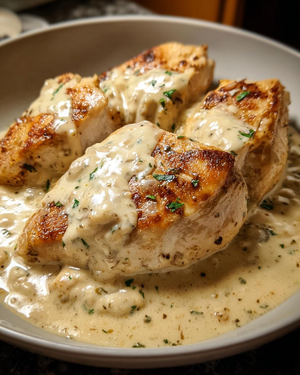 Four pieces of seared chicken breast smothered in a rich, creamy sauce, representing Creamy Low Carb Chicken.