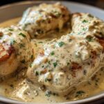 Four seared chicken breasts smothered in a rich, creamy low carb chicken sauce with herbs.