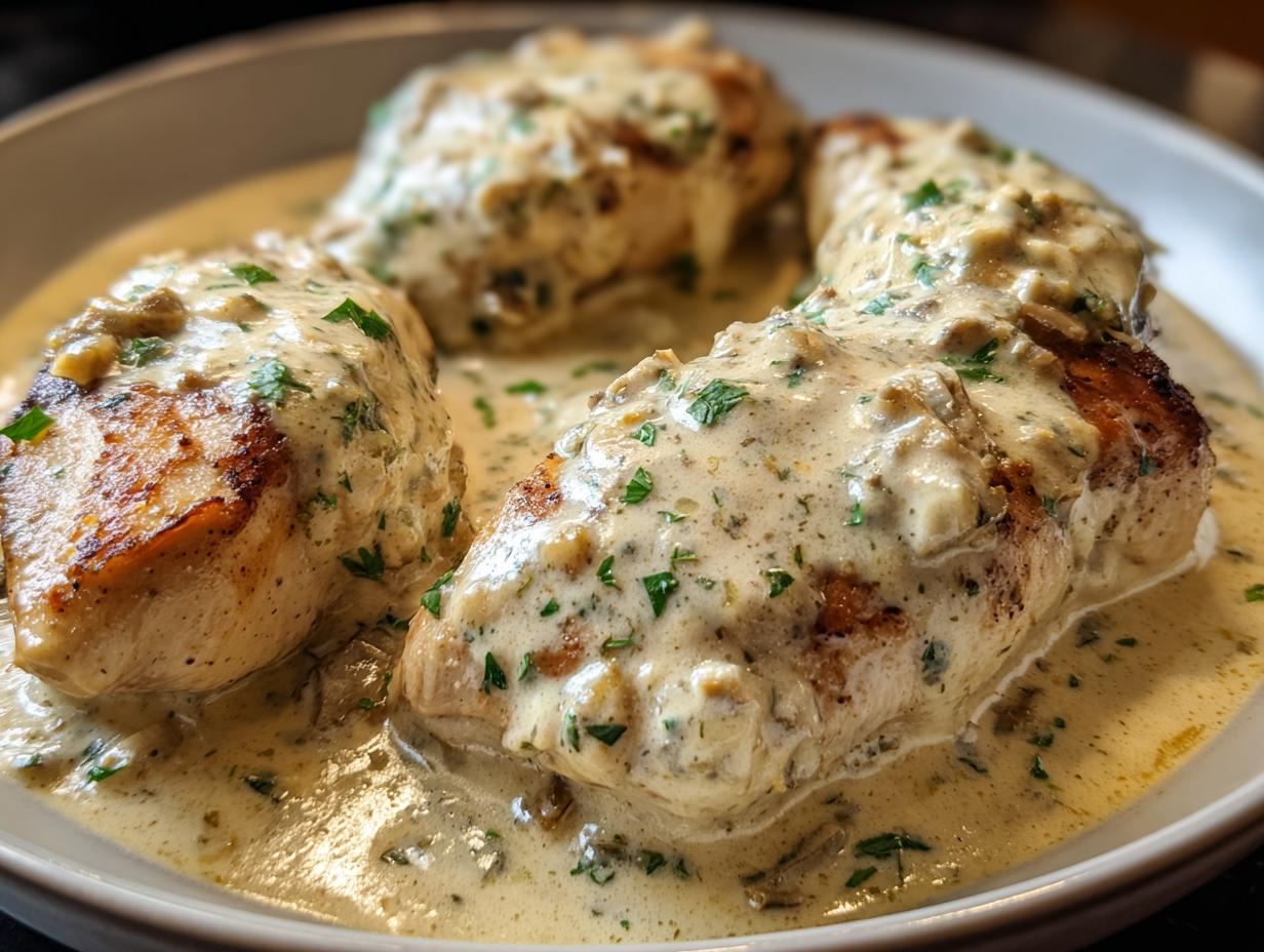 Four seared chicken breasts smothered in a rich, creamy low carb chicken sauce with herbs.