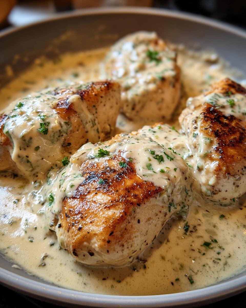 Four golden-brown seared chicken breasts smothered in a rich, creamy low carb chicken sauce with herbs.