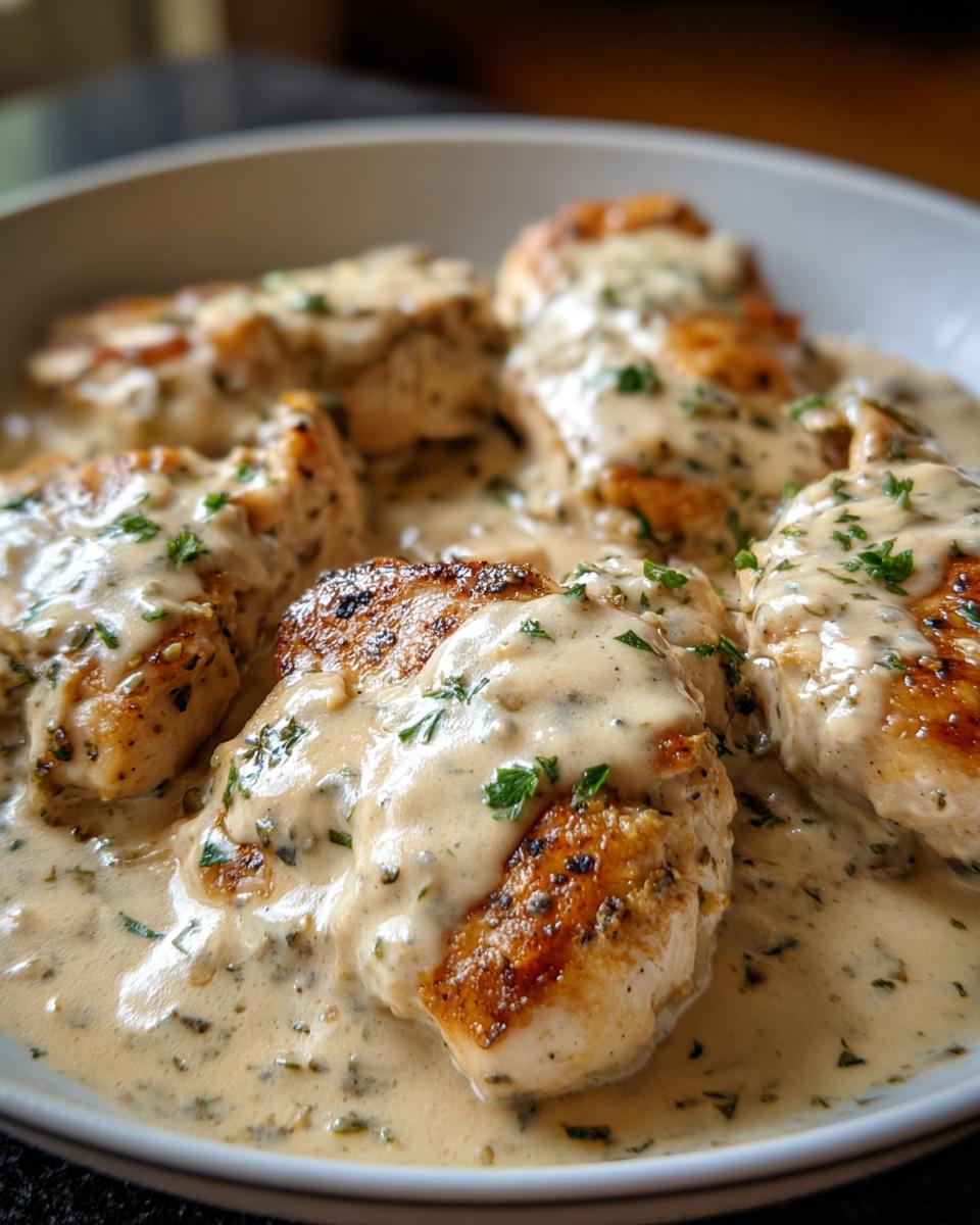 Close-up of pan-seared chicken breasts smothered in a rich, creamy low carb chicken sauce and garnished with parsley.