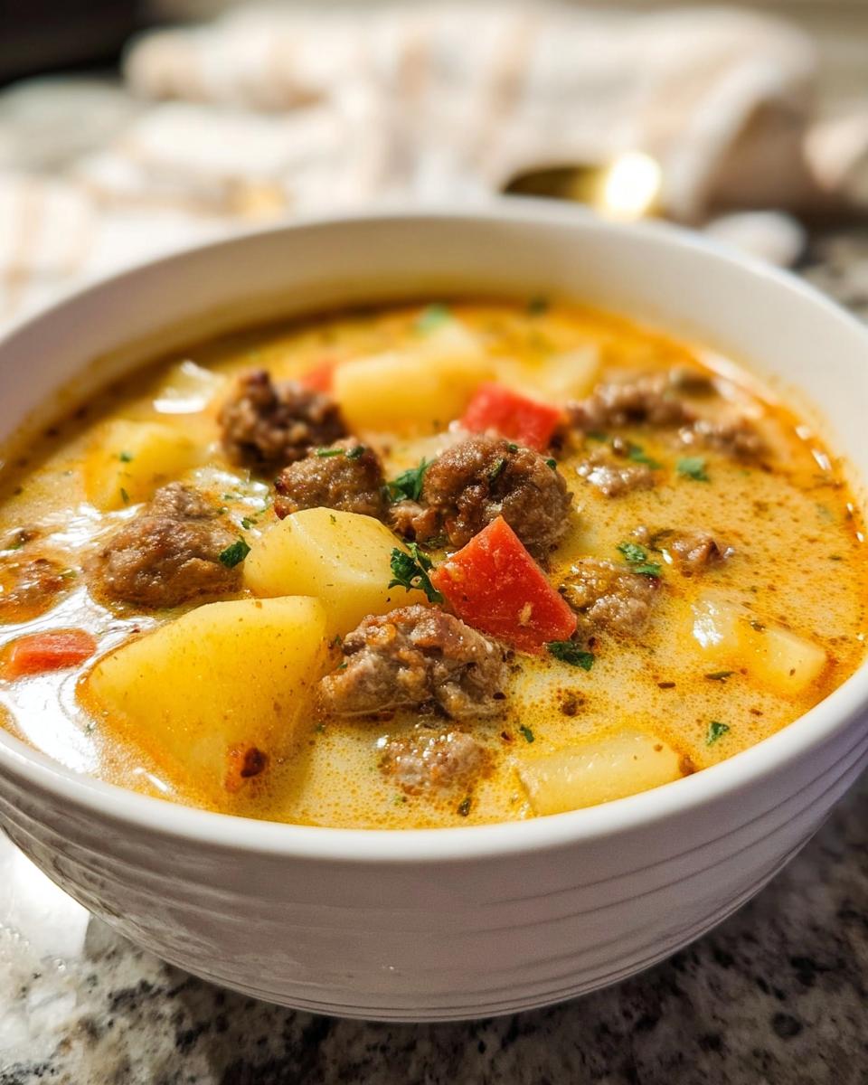 Close-up of a white bowl filled with creamy Sausage Potato Soup, featuring chunks of potato, browned sausage, and red vegetables.