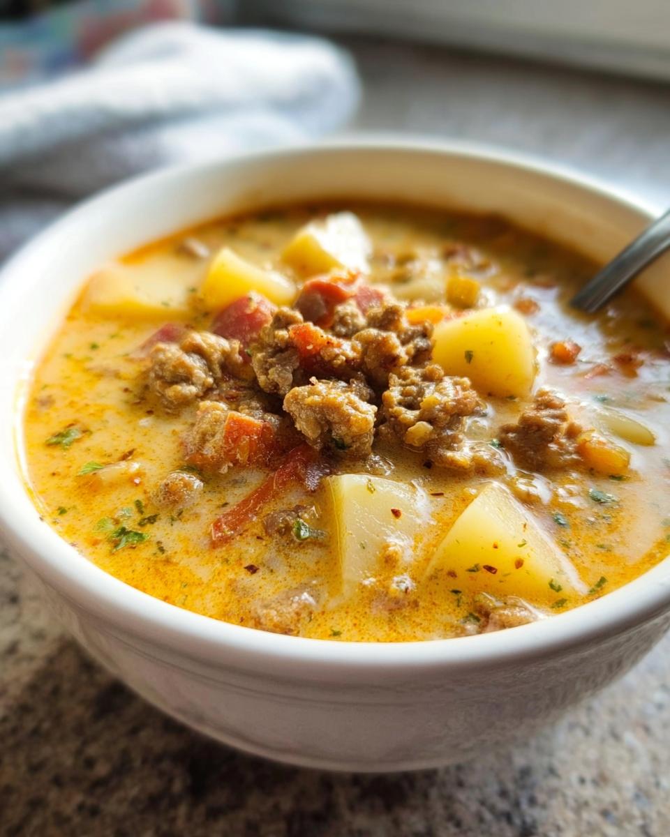 A close-up of a white bowl filled with creamy Sausage Potato Soup, featuring chunks of potato and ground sausage.