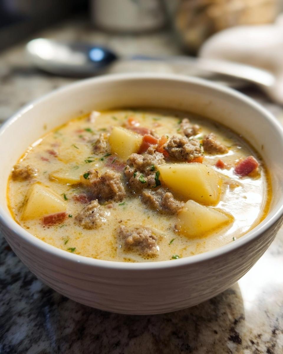 A close-up view of a creamy bowl of Sausage Potato Soup featuring chunks of potato and browned sausage.