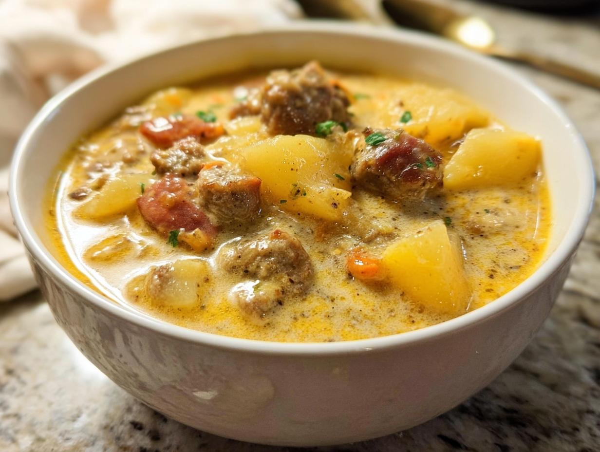 Close-up of a hearty bowl of creamy Sausage Potato Soup, featuring chunks of sausage and potatoes in a rich broth.