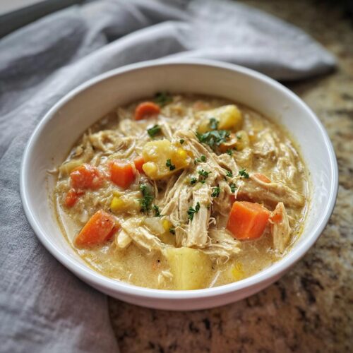 A close-up of a white bowl filled with rich Creamy Slow Cooker Chicken Soup, featuring shredded chicken, carrots, and potatoes.